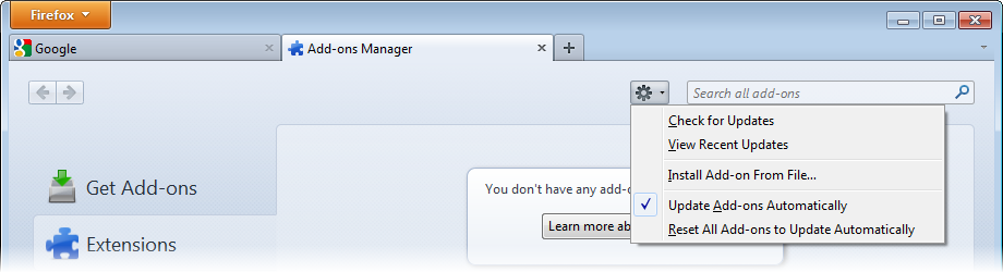The Add-ons Manager Gear menu has an install from file entry.
