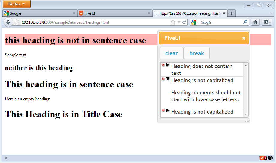 Expanding a Problem entry in the FiveUI Problem List highlights the element of the DOM that caused the violation.